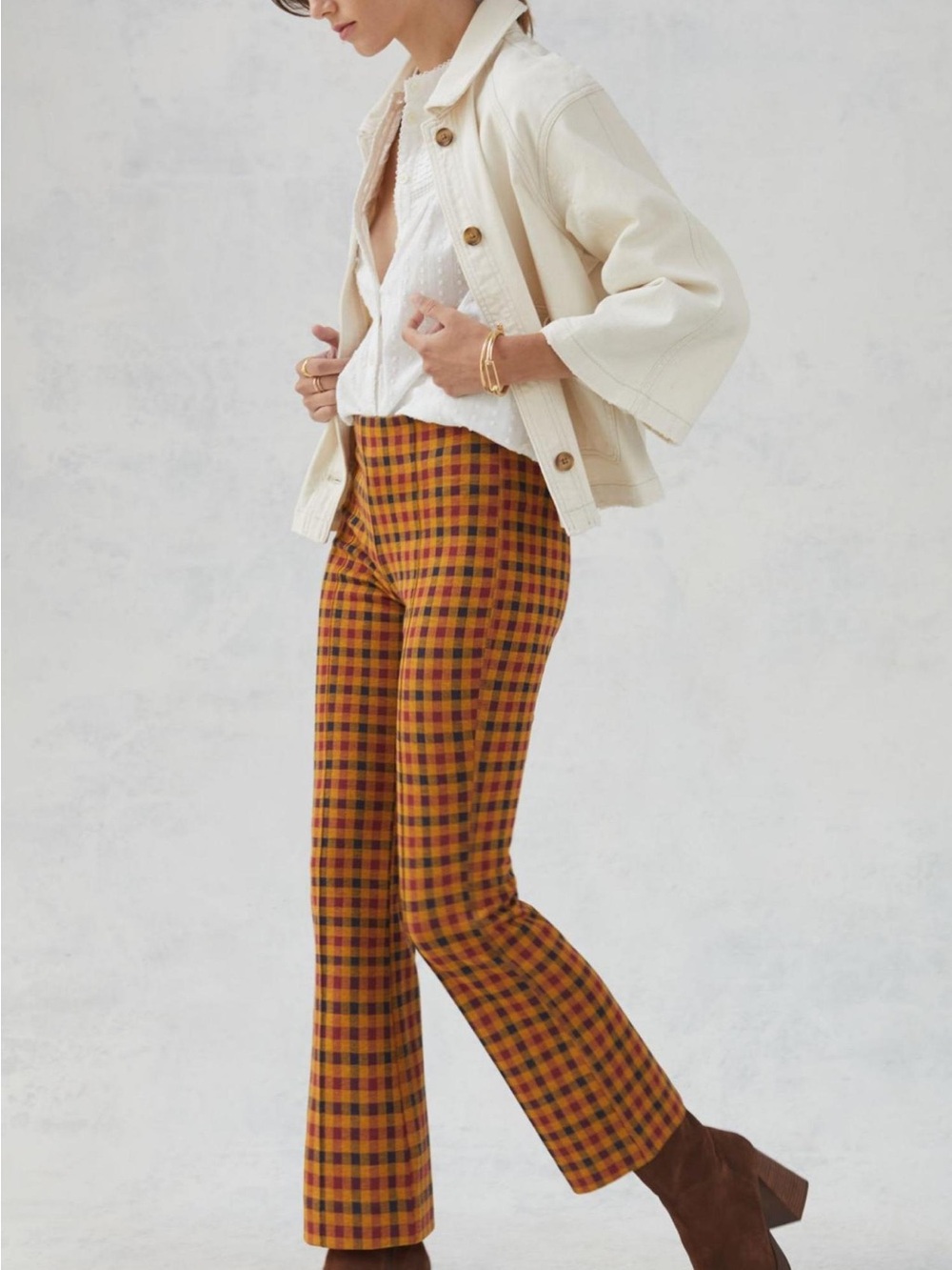 Anthropologie Plaid Boot-Cut Pants in Mustard and Rust